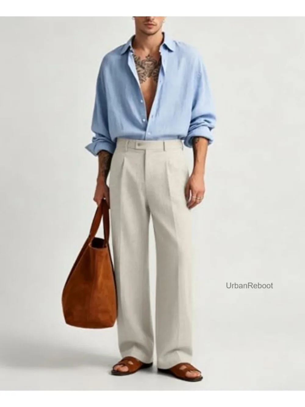 Men's Linen Wide Leg Pleated Dress Pants | Relaxed Fit Elastic Waist Office